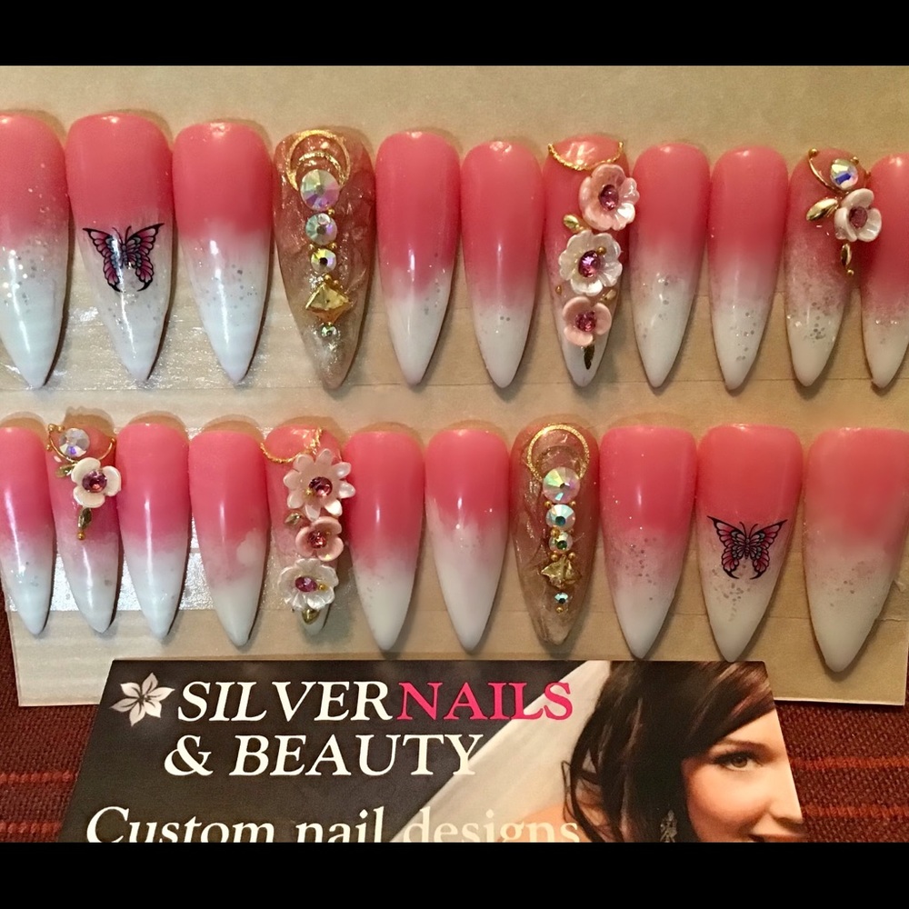 Watermelon pink and white stiletto nails